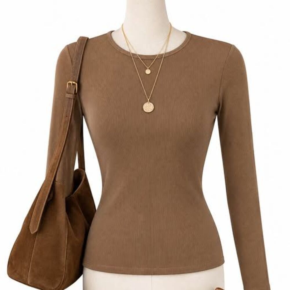 H&M Brown Ribbed Long Sleeve Fitted Top – Women’s Size M
